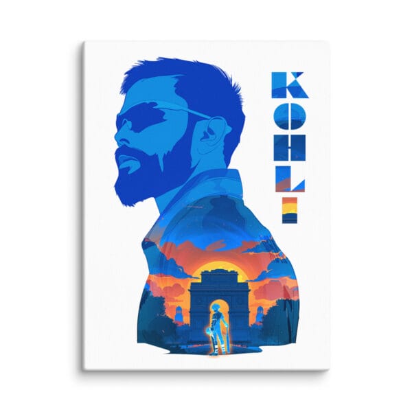 Virat Kohli canvas showing the India Gate with sunset inside Kohli silhouette, 12 by 16 white canvas