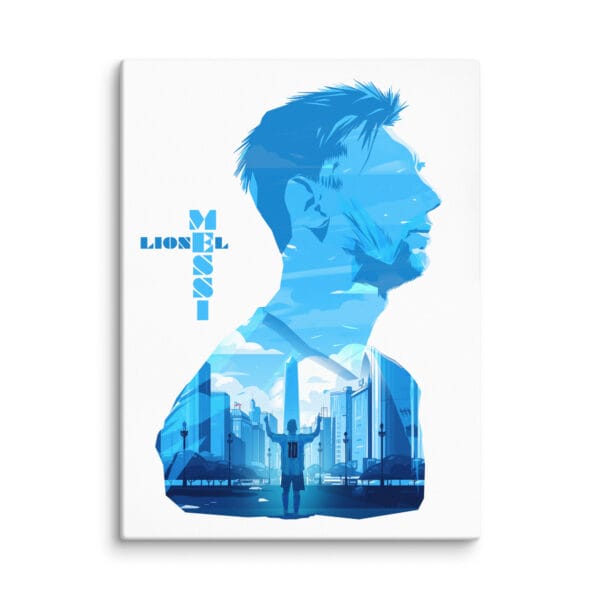 Lionel Messi canvas showing a Messi silhouette filled with with Leo celebrating on the streets of Buenos Aires 18 by 24 white canvas