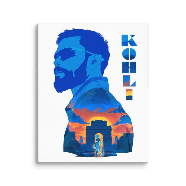 Virat Kohli canvas showing the India Gate with sunset inside Kohli silhouette, 24 by 30 white canvas