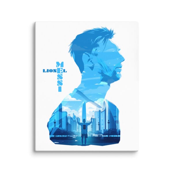 Lionel Messi canvas showing a Messi silhouette filled with with Leo celebrating on the streets of Buenos Aires 24 by 30 white canvas
