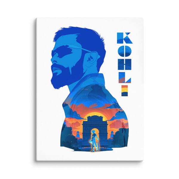 Virat Kohli canvas showing the India Gate with sunset inside Kohli silhouette, 30 by 40 white canvas